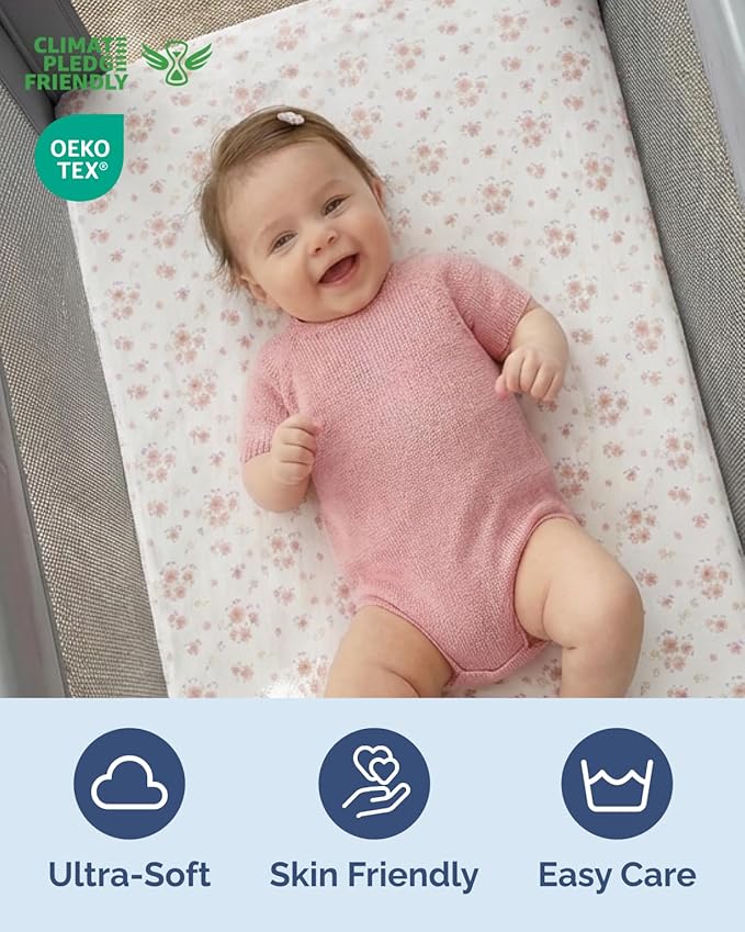 Pack and Play Sheets Fitted - 2 Pack Mini Crib Sheets for Pack N Play Mattress - Unisex Playard Microfiber Bedding for Boys & Girls - Soft, Breathable and Wrinkle Free - Oeko-Tex, 38 x 26in - Floral