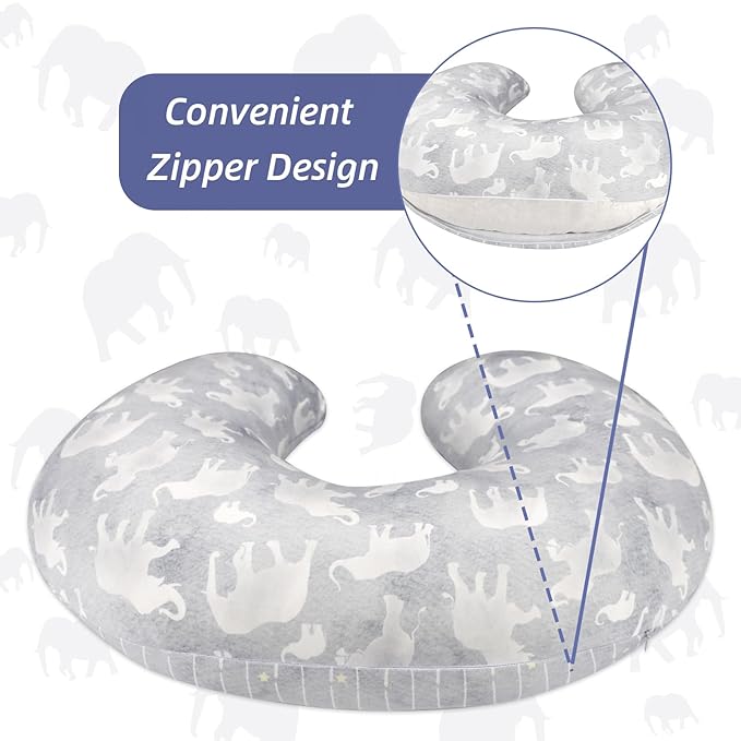 DILIMI Nursing Pillow Cover, Soft Stretchy Nursing Covers for Breastfeeding Pillows, 1 Pack Reversible Removable Slipcover for Baby Boy and Girls, Grey Elephant