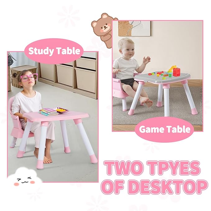 Kinder King 8 in 1 Baby High Chair, Coverts to Dining Booster Seat/Kids Table & Chair Set/Toddler Building Block Table/Kids Stool, Removable Tray & Double Seat Cover, Easy to Wipe, Pink & White