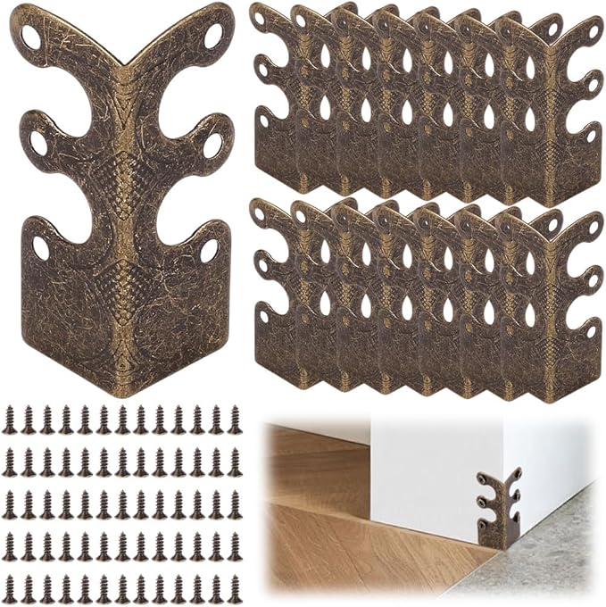 CRASPIRE 16Pcs Baseboard Corner Protectors Vintage Metal Rustic Decorative Guards Skirting Board Antique Bronze Safety Bracket with Screws for Furniture Table Wall Edge Cover File Boxes Bookshelves