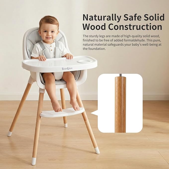 Baby High Chair, Wooden Highchair with Removable Tray, Adjustable Legs, Cushion, 5-Point Harness and Footrest for Infants, Baby, Toddlers, Gray