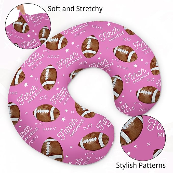 Baby Nursing Pillow Cover - Personalized Name Pink Football Breastfeeding U-Shaped for Bottle Feeding, Ultra Soft Comfortable Breastfeeding Pillow Cover for Infant Baby Boys and Girls
