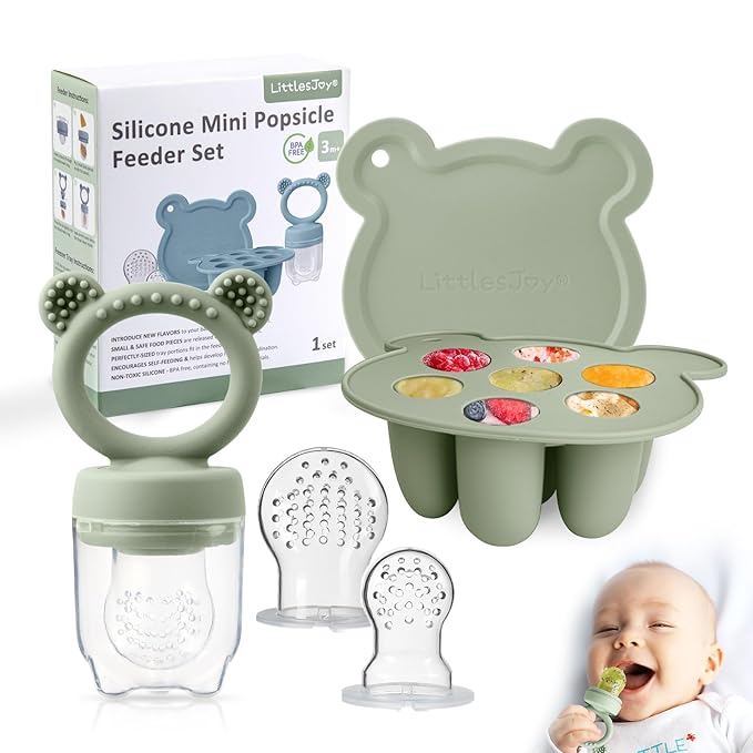 Silicone Baby Fruit Feeder & Freezer Tray Set, Breast Milk Popsicle Mold, BPA Free for 3+ Months, Includes Silicone Pouches (Sage)