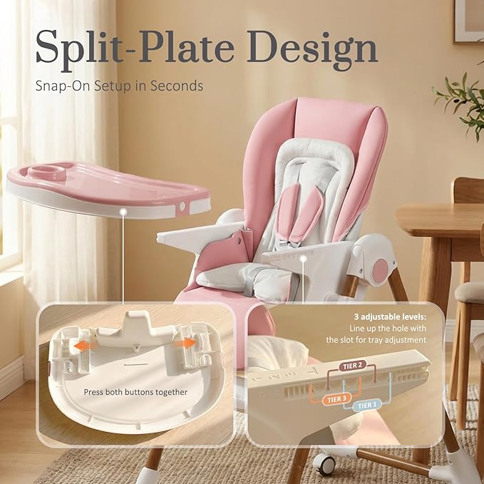Mallify Foldable High Chairs for Babies and Toddlers, 3-in-1 Convertible Baby High Chair with Removable Soft Cushion and Tray, Adjustable Height & Recline, Lockable Wheels, Pink