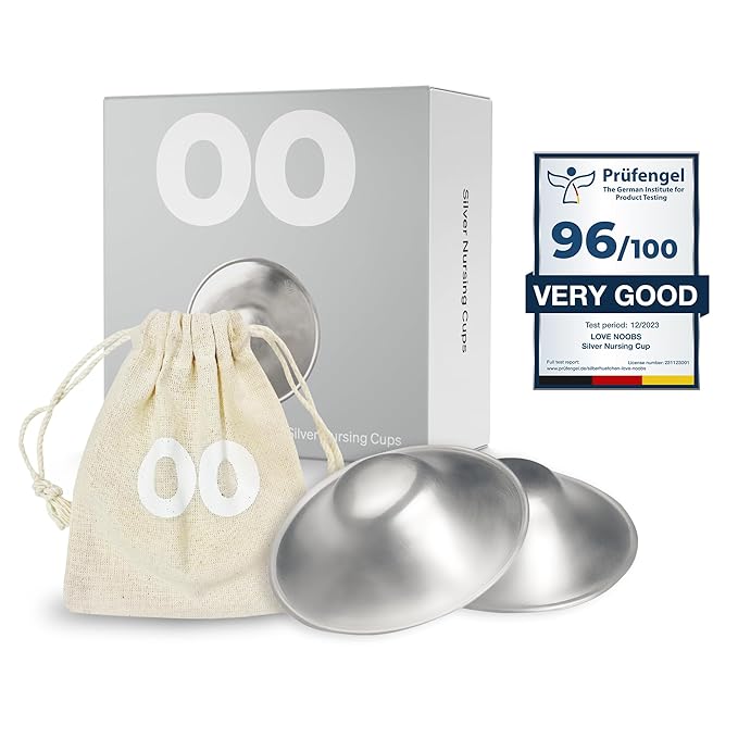 The Original Silver Nursing Cups by LoveNoobs, Silver Nipple Covers Breastfeeding, XL Nipple Shields for Nursing Newborn, Post Partum Essentials, Nickel-Free
