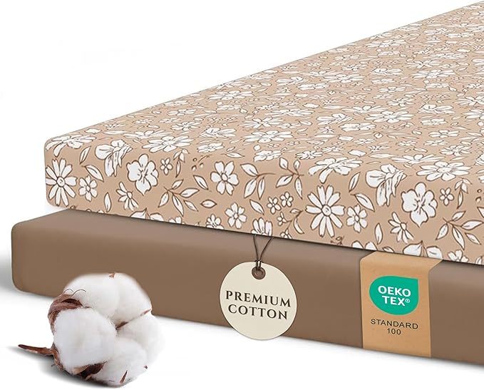 Pobibaby – 2 Pack Pack N Play Sheets and Mini Crib Sheets Fitted, Premium Ultra-Soft Jersey Knit Baby Sheets – Stylish Floral Pattern, Safe and Snug for Standard Playards and Mini Cribs (Meadow)