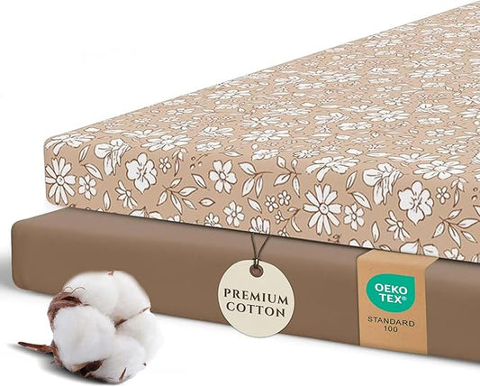 Pobibaby – 2 Pack Pack N Play Sheets and Mini Crib Sheets Fitted, Premium Ultra-Soft Jersey Knit Baby Sheets – Stylish Floral Pattern, Safe and Snug for Standard Playards and Mini Cribs (Meadow)