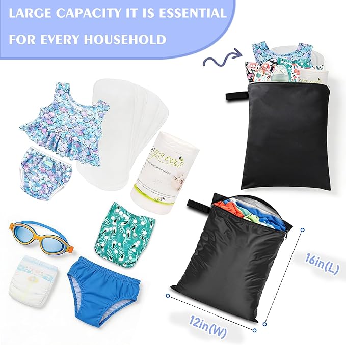 Wet Dry Bags 3 Pack,12x16 Inch Waterproof Reusable Wet Bag For Baby Diapers Swimsuit Wet Clothes Travel Beach Pool Gym,Durable Polyester Fabric,Waterproof Seal Strip Inside,Handle and Zipper,Black