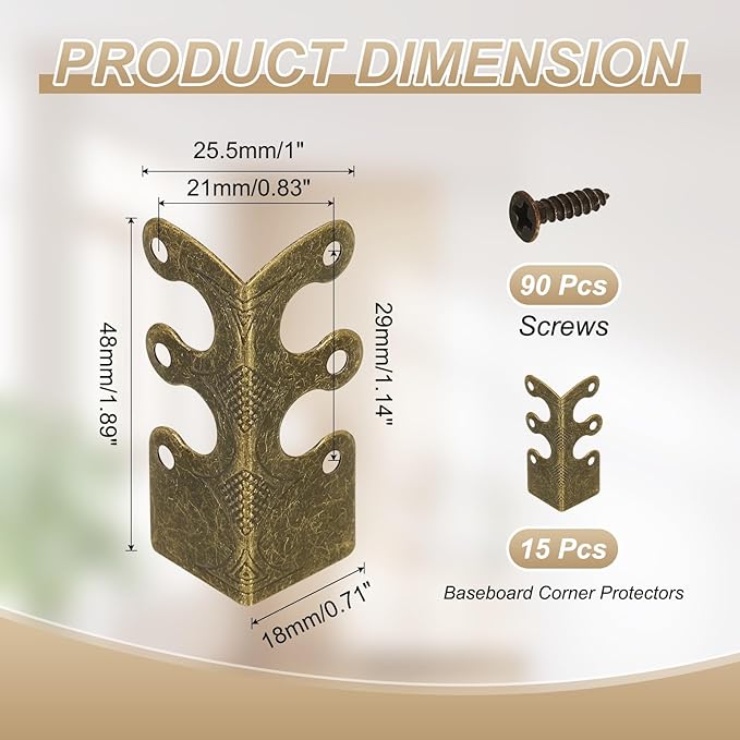 uxcell 15 Pcs Baseboard Corner Protectors, Skirting Board Corner Protector Vintage Metal Edge Cover with Screws for Furniture Table Cabinet Drawer, Bronze