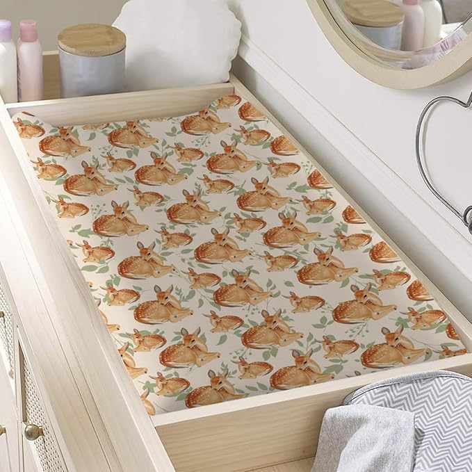 Cute Animals Baby Changing Pad Covers Baby Deer Retro Green Leaves Diaper Change Table Sheets for Girl Boy Soft Stretch Fitted Changing Table Pad Mat Cover 32''x16''