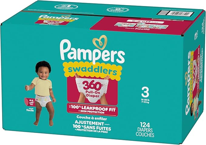 Pampers Diapers - Swaddlers 360° - Size 3, 124 Count, up to 100% Leakproof Comfy Dry Fit, Designed for Easy Changes, Pull On Baby Diaper (Packaging May Vary)