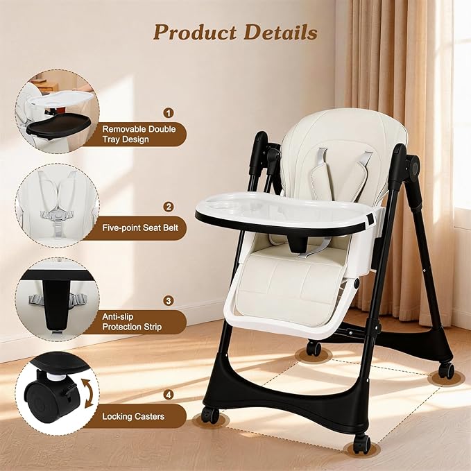 3-in-1 Baby High Chair | Convertible Baby High Chair for Babies and Toddlers | Brake Wheels, Easy Clean, Space Saving | Adjustable, Removable Tray (Black White)
