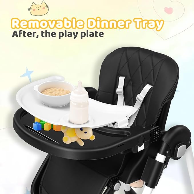 JOYMOR 4 in 1 Folding Baby High Chair for Babies to Toddlers, Infant Eating Foldable Highchair w/Leather Seat Cushion, 4-Position Removeable & Adjustable Tray, 5-Point Harness (Black)