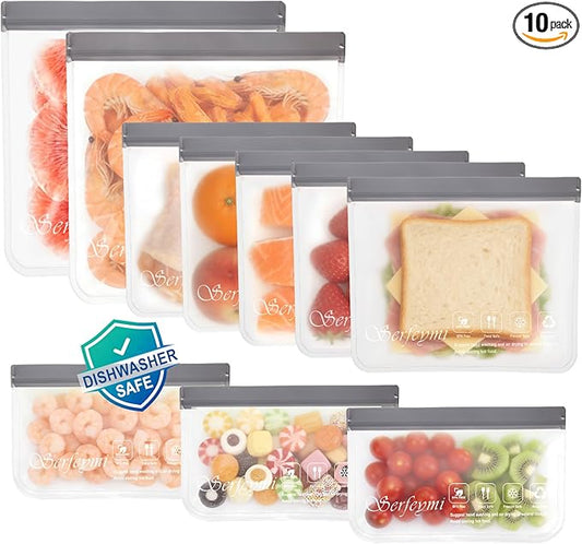 Serfeymi 10 Pack Reusable Gallon Freezer Bags Dishwasher Safe, Extra Thick Reusable Plastic Bags BPA Free, Leak Proof Food Storage Bags with 3 Sizes for Meat, Fruit - 2 Gallon 5 Sandwich 3 Snack