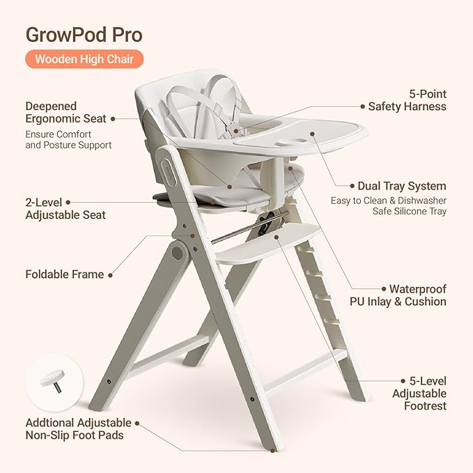 Mamazing GrowPod Pro Wooden Baby High Chair for 6 Months to 300lbs, Easy to Clean with Tray, Compact Foldable Highchair for Kitchen & Dining Room, with 5-Point Safety Harnesses and Guard Bar