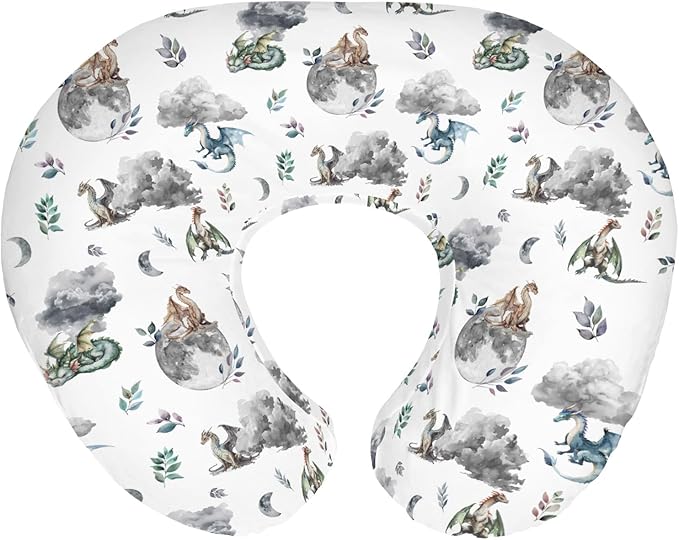 Watercolor Dragons Baby Nursing Pillow Covers for Boy Girl Fairytale Dragon Wings Leaves Nursing Slipcovers for Breastfeeding Pillows Dragon Moon Cloud Soft Stretchy Removable Cover for Newborn Infant