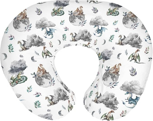 Watercolor Dragons Baby Nursing Pillow Covers for Boy Girl Fairytale Dragon Wings Leaves Nursing Slipcovers for Breastfeeding Pillows Dragon Moon Cloud Soft Stretchy Removable Cover for Newborn Infant