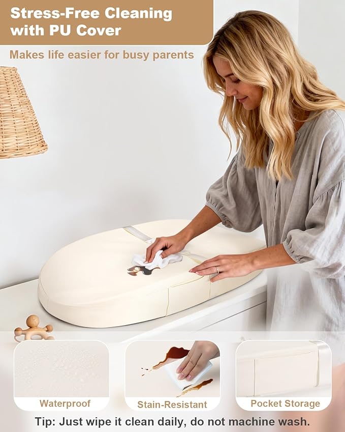 Baby Changing Pad with Waterproof & Wipeable PU Cover, Contoured Diaper Changing Pads for Dresser with Non-Slip Safety Belt, Portable Lightweight Changing Mat, Beige