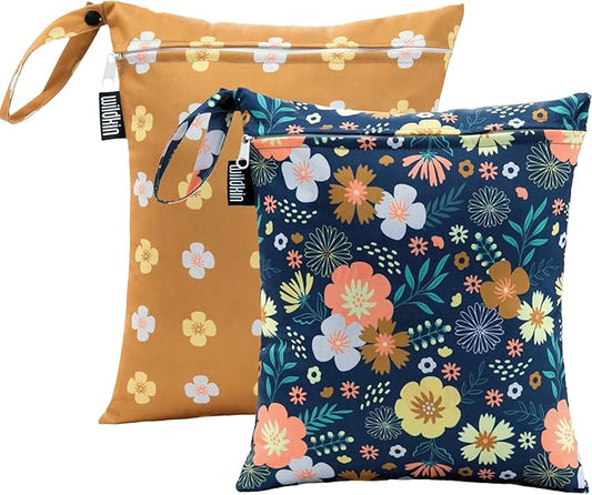 Wildkin Wet Bag Set for Boys, & Girls – Durable Zipper with Snap Loop Handle, Reusable Water-Resistant Bags for Beach, Pool, Travel & Gym - Wildflower Bloom