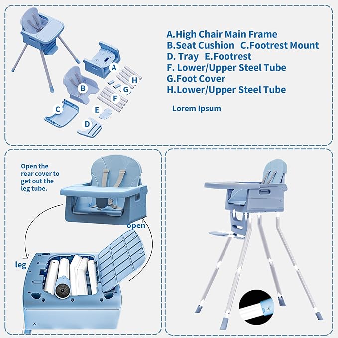 3 in 1 Convertible High Chairs for Toddlers 1-3 Baby Feeding Chair with Tray Wipeable Infant Highchair Sit Up High Chair for Babies and Toddlers with 5-Point Safety Harness & Cushion Blue