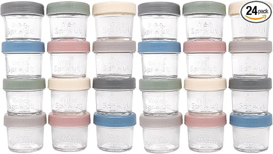 WeeSprout Baby Food Storage Glass Jars w/Lids (4 oz, 24 Pack) Matte Variety, Snack, Reusable Small Containers, Fridge or Freezer, Microwave & Dishwasher Safe, Essentials for Infants