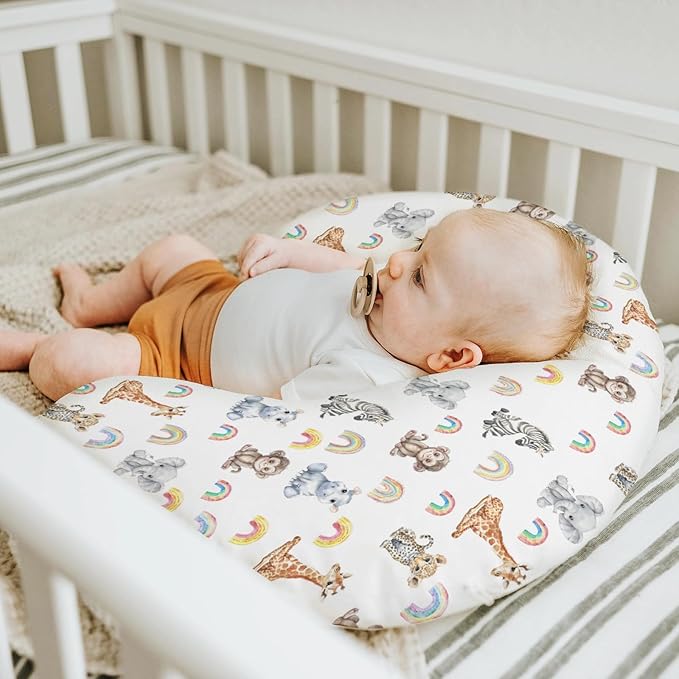 Safari Jungle Animals Rainbow Baby Nursing Pillow Covers for Boy Girl Elephant Leopard Giraffe Hippo Nursery Pillowcase for Breastfeeding Pillows Tropical Safari Soft Stretchy Slipcovers for Newborn