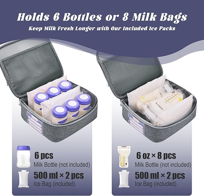 Breast Pump Bag with Insulated Cooler, Double-Layer Pumping Bag for Work & Travel, Fits Most Electric Breast Pumps, Includes 10 Ice Packs & Waterproof Mat, Detachable Bottle Cooler Tote, Grey