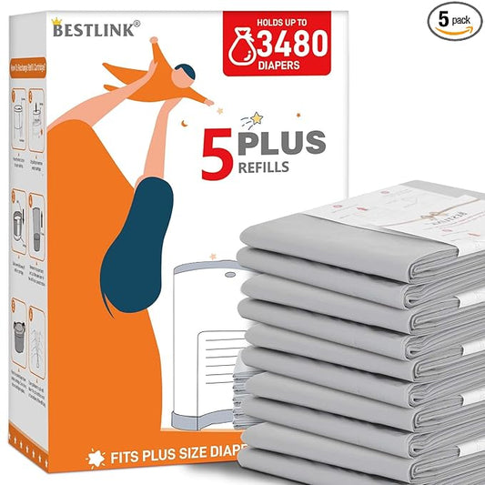 5 Pack Refills Compatible with DEKOR PLUS Diaper Pails | 20% Extra Length Diaper Pail Refill Bags Liners Holds 3480 Diapers | Ultimate Odor Control with Baby Scented