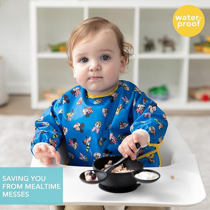 Bumkins Disney Sleeved Baby Bib – Long Sleeve Waterproof Fabric Feeding Smock with Crumb Catcher Pocket, Adjustable Toddler Apron for Baby Led Weaning, for Ages 6–24 Months, Mickey and Friends 2-pack