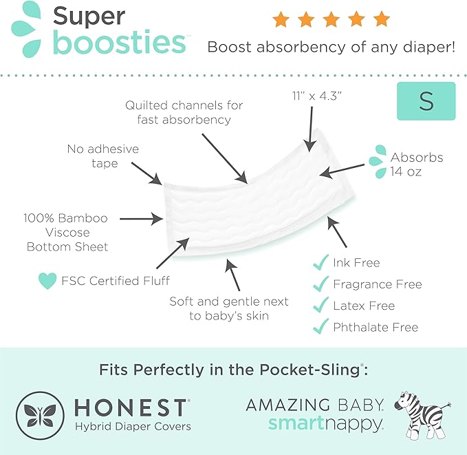 Super Boosties 32ct + Honest Hybrid Cloth Diaper Cover with Pocket-Sling, Small (8-15 lbs), Stops Nighttime Leaks, Boosties Disposable Diaper Inserts, Honest Cotton Muslin Covers, 3 Pack, Starter Kit
