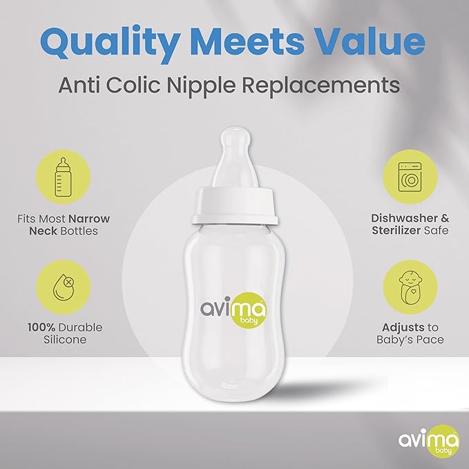 Avima Baby Anti Colic Nipples for Standard Neck Bottles, Silicone Breast Like Nipples - 3 to 6+ Months, Medium Flow, Level 2 (Pack of 6)