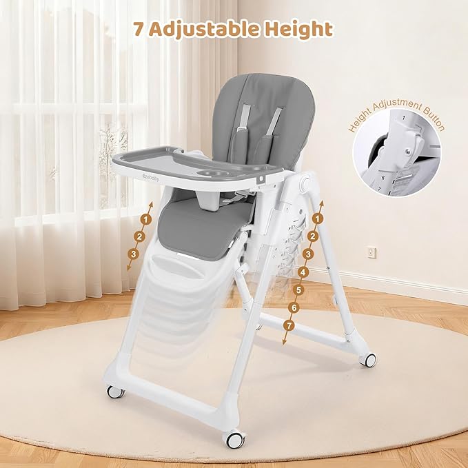 Ezebaby Foldable Baby High Chair, 3-in-1 Convertible High Chairs to Booster Seat, Portable High Chair with Adjustable Height and Recline, Removable Tray & Toy Bar