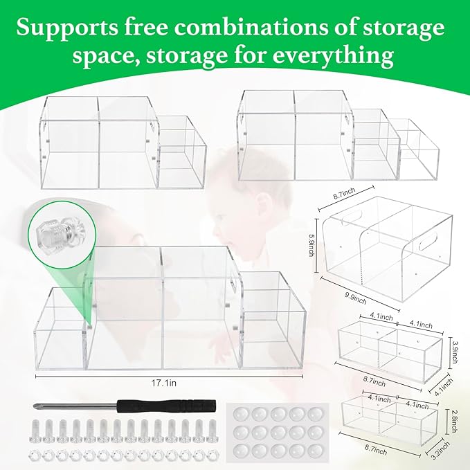 NANYEZH Acrylic Diaper Caddy, Baby Wipes Organizer for Changing Table, Dresser Top Tabletop Organizer with 4 Detachable Compartments, Anti-slip Rubber Feet, Newborn Baby Essentials, Clear
