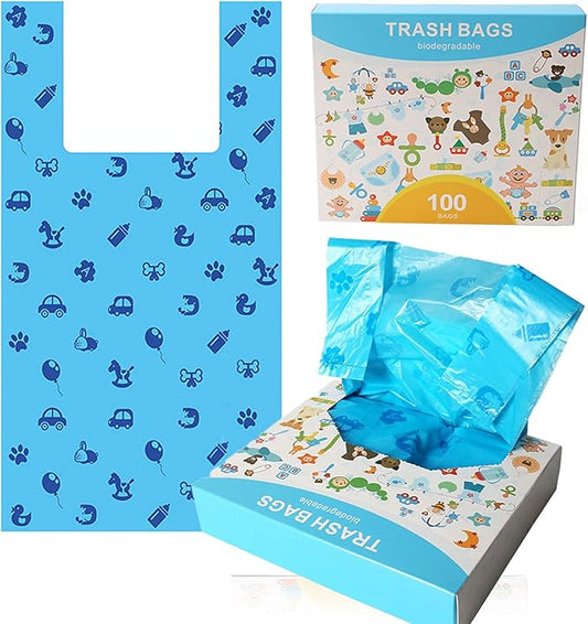 Disposable Diaper Bags with Easy-Tie Tabs, 200 Count Degradable Diaper Trash Bags or Pet Waste Bags, With Cute Pattern Unscented Biodegradable Diaper Sacks