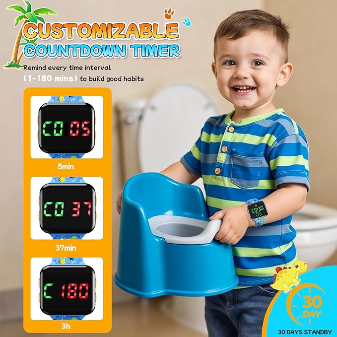 Potty Training Watch & Chart & Book for Toddler Boys: Water Resistant Potty Watches Dinosaur Potty Training Sticker Reward Chart for Kids 3 in 1 Toddler Toilet Training Tools Set (Blue)
