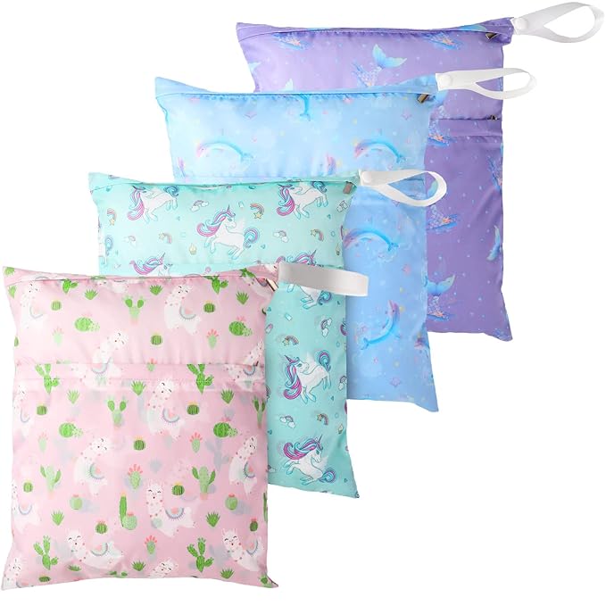 Frienda 4 Pieces Cloth Diaper Wet Dry Bag, Waterproof Reusable Washable Bag for Baby Items and Travel Zippered Pockets with Handle, Beach, Swimsuit, Dirty Gym Clothes and Toiletries(Mermaid)