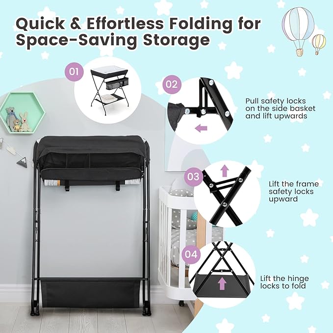 HONEY JOY Changing Table, Folding Nursery Organizer with Open Shelf & Safety Belt, Portable Diaper Changing Station for Newborn (Black, Basic)