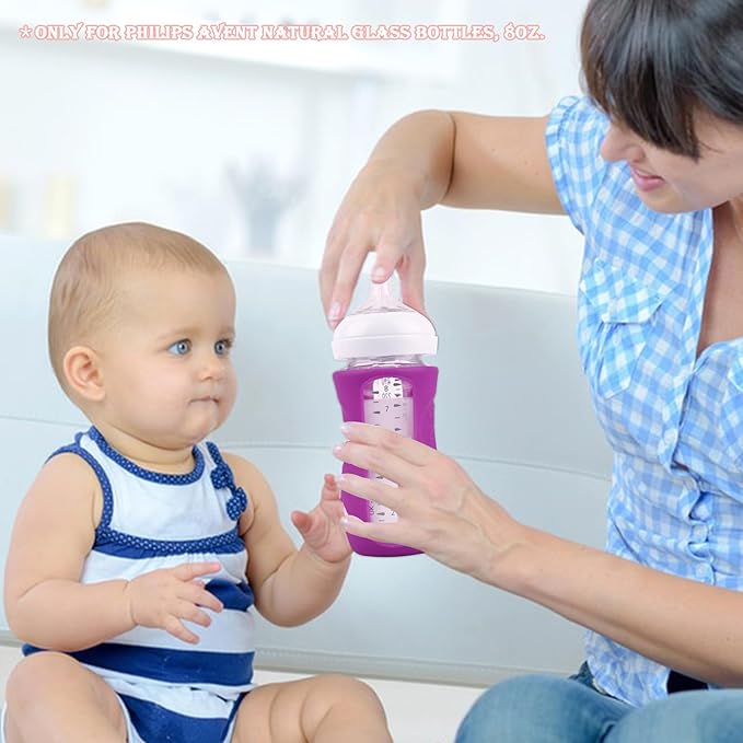 3 Pack Silicone Sleeves for Avent Natural Glass Baby Bottles, Anti Breakage Baby Bottle Holder, Compatible Philips Avent Glass Natural Baby Bottle 8 oz, BPA Free (White+Pink+Purple)