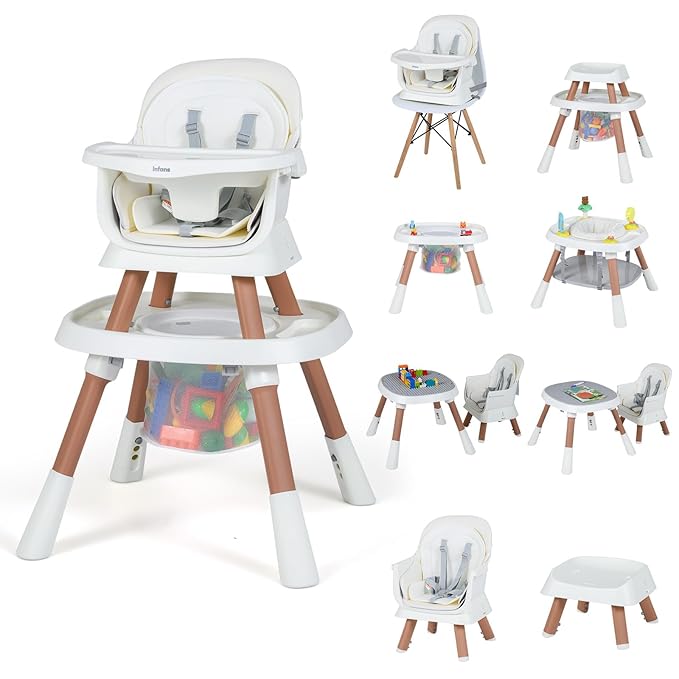 INFANS 9 in 1 High Chair, Convertible Baby Highchair for Babies and Toddlers, Table and Chair Set Building Block Infant Dining Booster Seat, Kids Stool with Activity Children Play Kitchen (Beige)