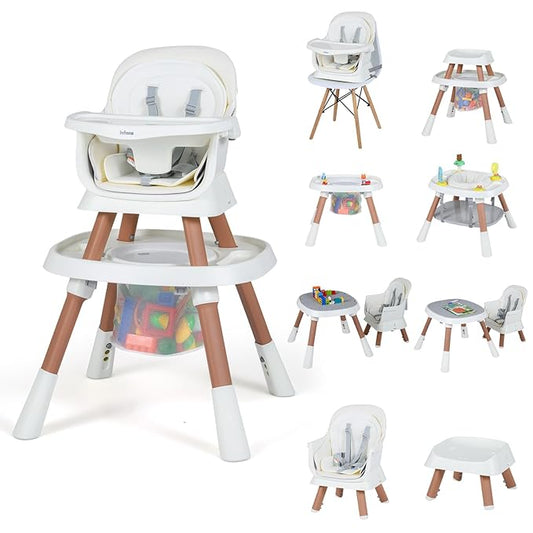 INFANS 9 in 1 High Chair, Convertible Baby Highchair for Babies and Toddlers, Table and Chair Set Building Block Infant Dining Booster Seat, Kids Stool with Activity Children Play Kitchen (Beige)