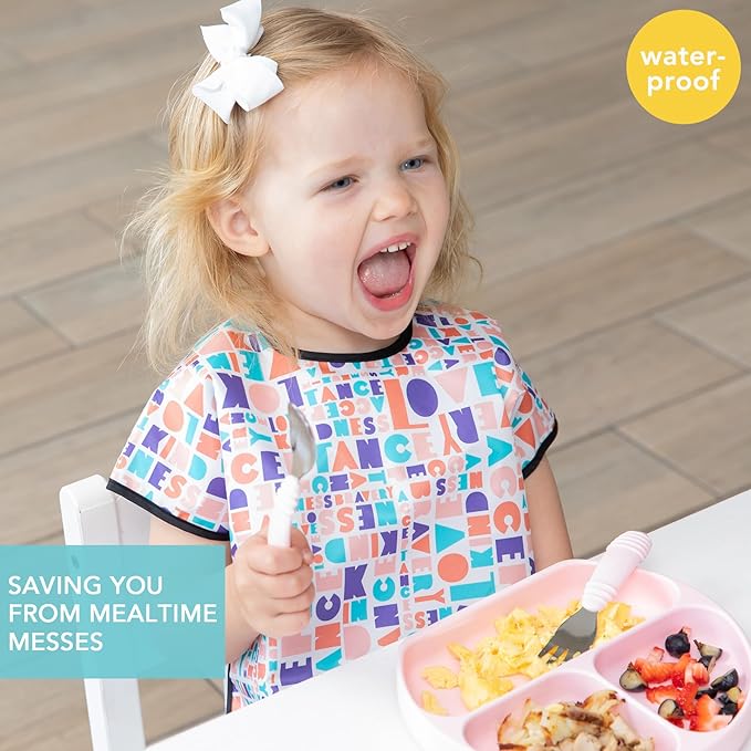 Bumkins Short Sleeve Bib for Girl or Boy, Toddler and Kids for 1-3 Years, Large Size, Essential Must Have for Junior Children, Eating, Mess Saving Soft Fabric Apron for Play, Born This Way Kindness