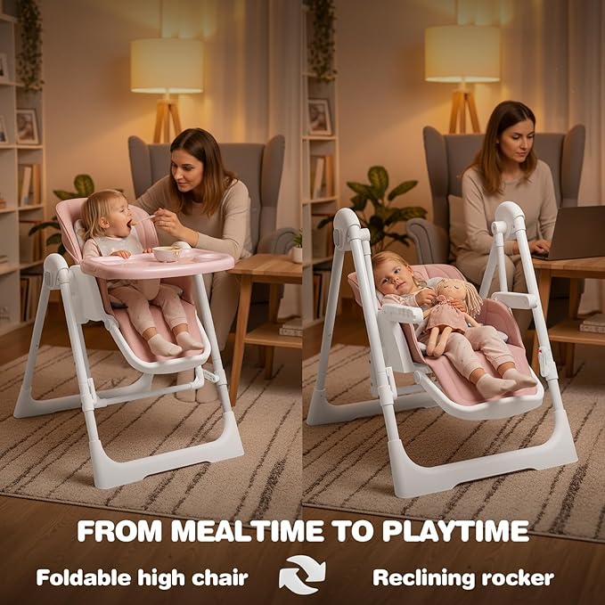 High Chairs for Babies and Toddlers Foldable High Chair Adjustable with Reclining Seat & Leg Rest, 3-in-1 Convertible Baby Rocker with Tool-Free Assembly (Pink)