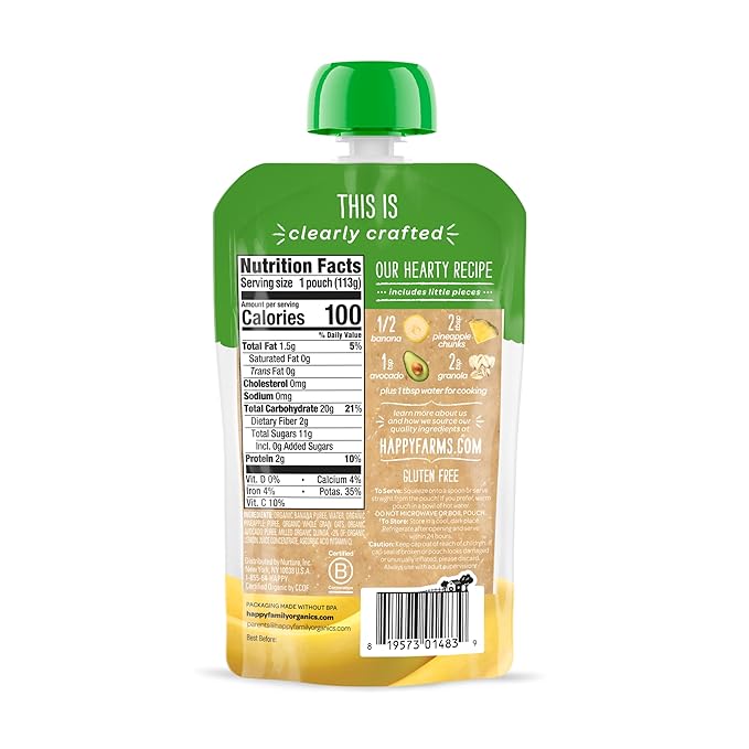 Happy Baby Organics Clearly Crafted Stage 2 Baby Food Bananas, Pineapples, Avocado & Granola, 4 Ounce Pouch (Pack of 16) (Packaging May Vary)