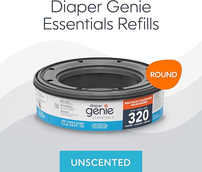 Diaper Genie Essentials Round Refill 8-Pack | Holds Up to 2560 Newborn Diapers | Features Unscented Continuous Film | Compatible with Diaper Genie Complete and Expressions Pails,8 Count (Pack of 1)