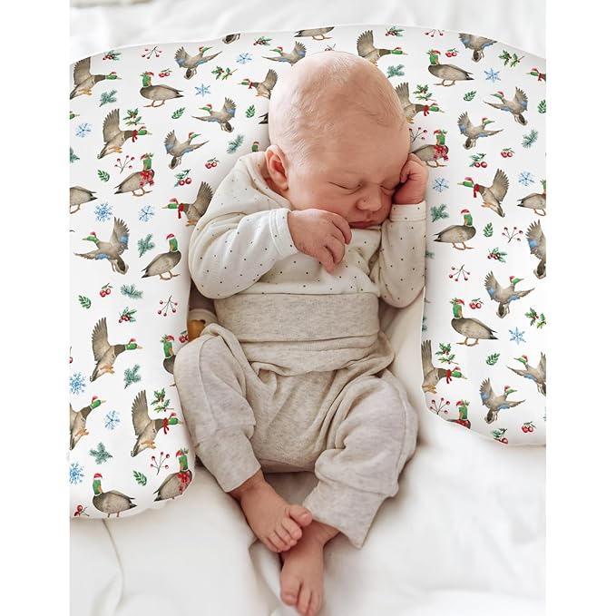Christmas Mallard Ducks Baby Nursing Pillow Covers for Boy Girl Winter Green Ducks Fir Leaves Snowflakes Nursing Pillowcase for Breastfeeding Pillows Hunting Ducks Soft Stretchy Slipcovers for Newborn