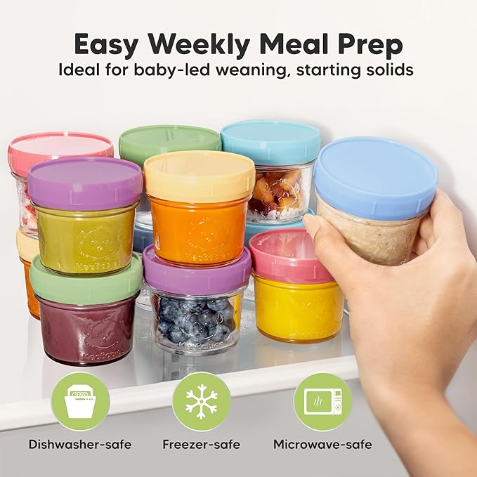 KeaBabies 12-Pack Baby Food Glass Containers and Silicone Baby Food Freezer Tray with Clip-on Lid - 4 oz Leak-Proof, Microwavable, Storage Container, Silicone Freezer Molds