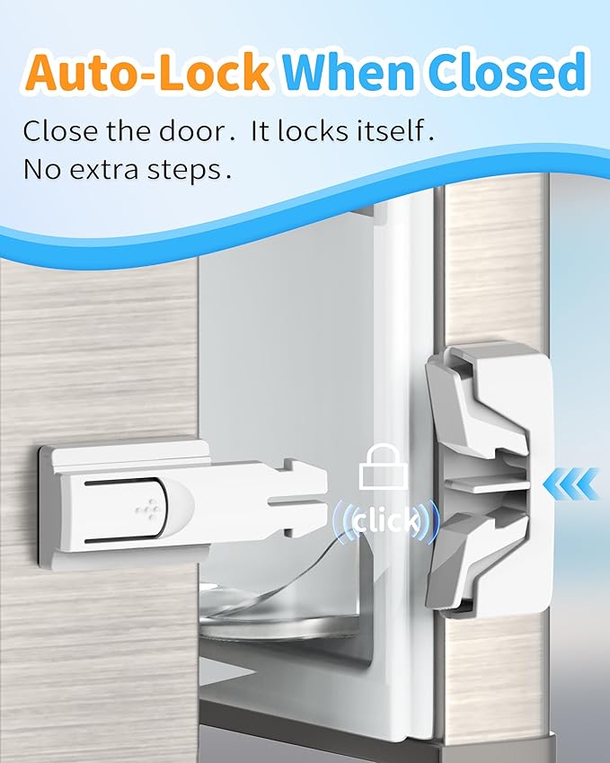 Yunkey Child Safety Fridge Lock — Auto-Lock Design, One-Hand Open & Self-Locking Close — Helps Keep Toddlers & Pets Out — 3M Strong Hold & Clean Removal | White, 2-Pack
