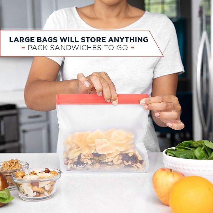 Keeper Reusable Sandwich Bags (Set of 5, 32oz) - Extra Thick Reusable Ziplock Bag For Food, Lunch Storage. Reusable Snack Bags for Kids Are Resealable. Plastic Lunch Baggies Are Washable, Freezer Safe
