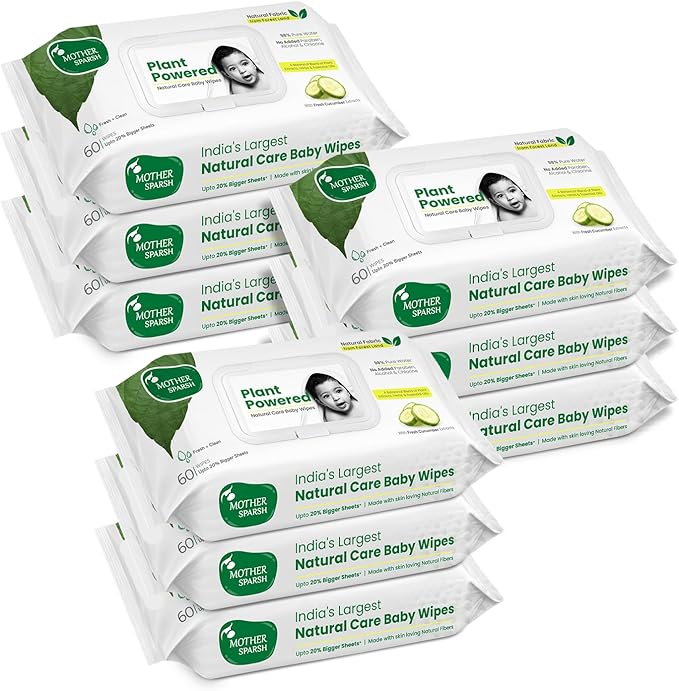 Mother Sparsh Natural Care Baby Wipes I 100% Plant Made Fabric From Forest Land, Fresh + Cleanse (with Cucumber) Plant Powered Wet Wipes For Baby I Cotton Cloth Like Bigger Sheets