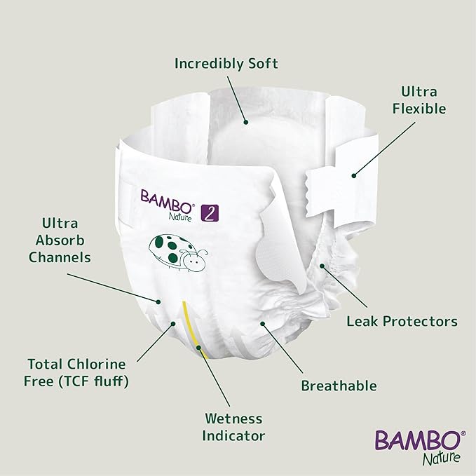 Bambo Nature Hypoallergenic Baby Diapers, Eco-Labeled Diapers, Enhanced Leakage Protection, Totally Chlorine-Free, Skin Friendly, and Super Absorbent - Size 2 (30 Count)